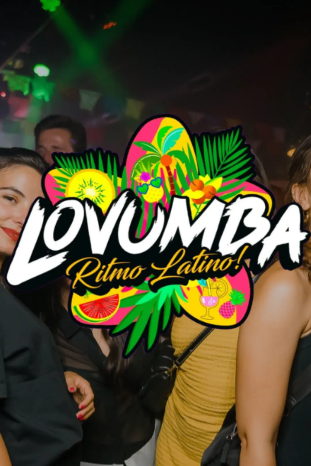 Evenementenbanner met het tropische logo "Lovumba Ritmo Latino!" over een foto van feestgangers in BIRD.