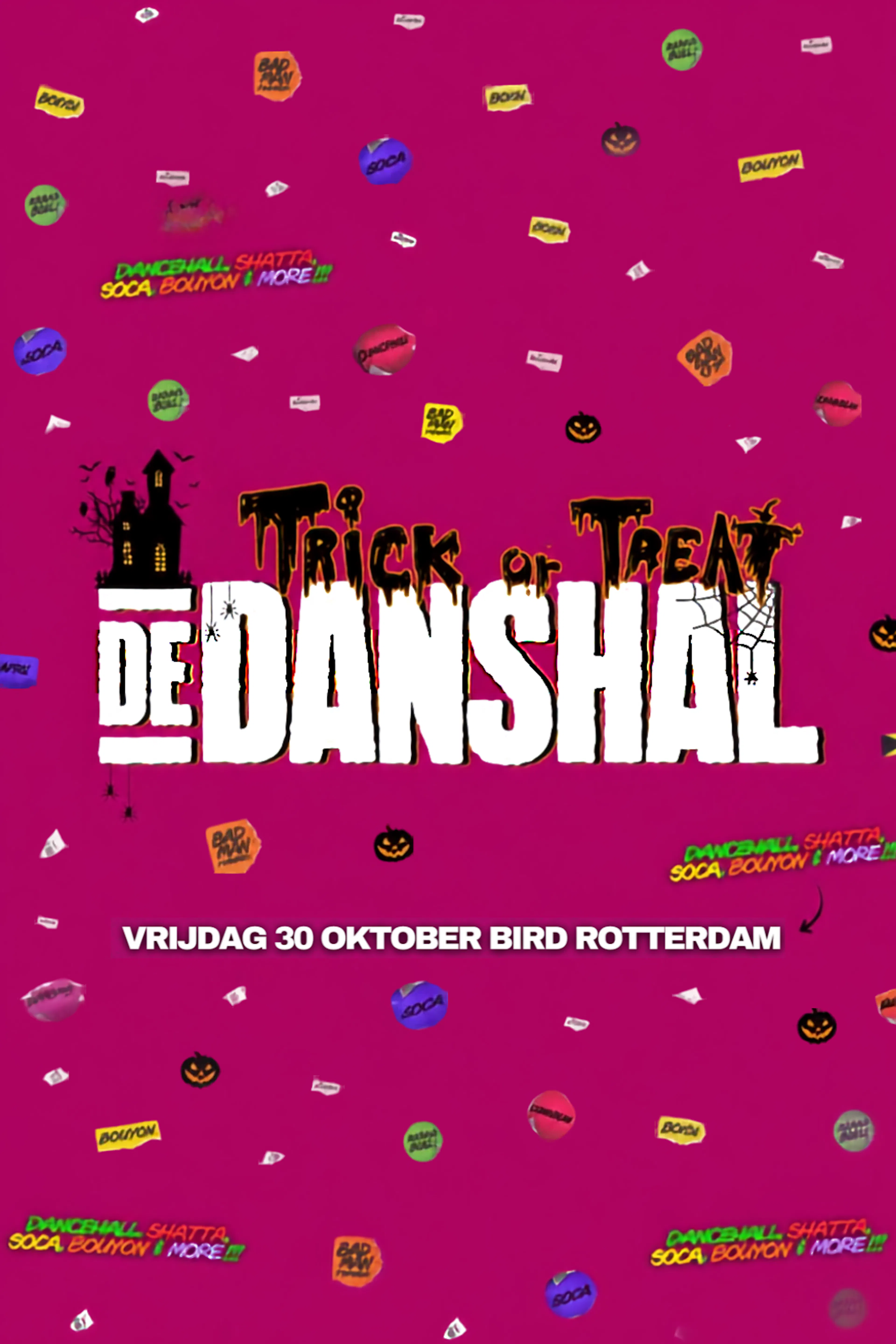 Graphic De Danshal banner met logo, Trick or Treat design en de tekst vrijdag 30 oktober BIRD Rotterdam