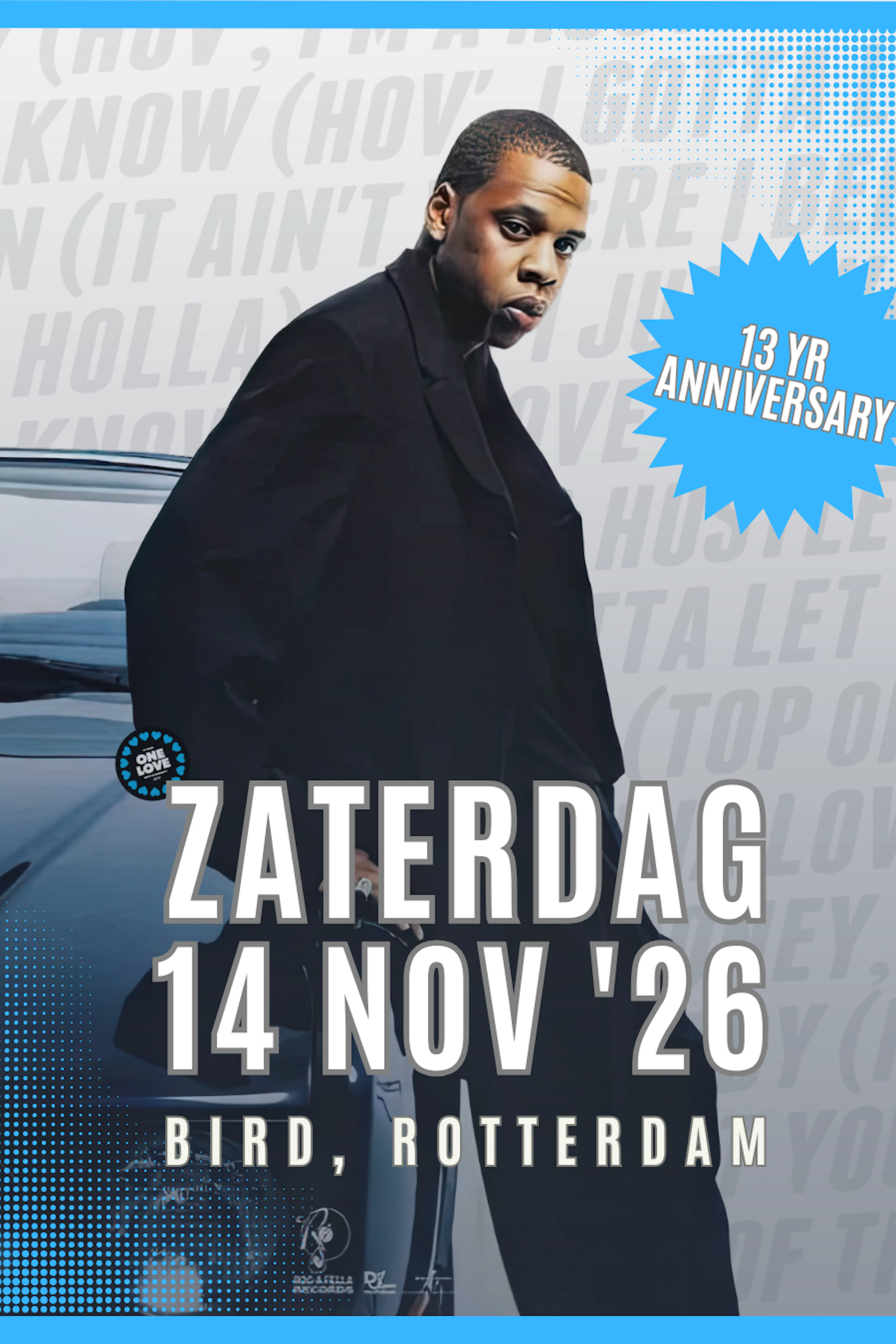 Jay-Z leunt tegen een auto, datum event is ook zichtbaar