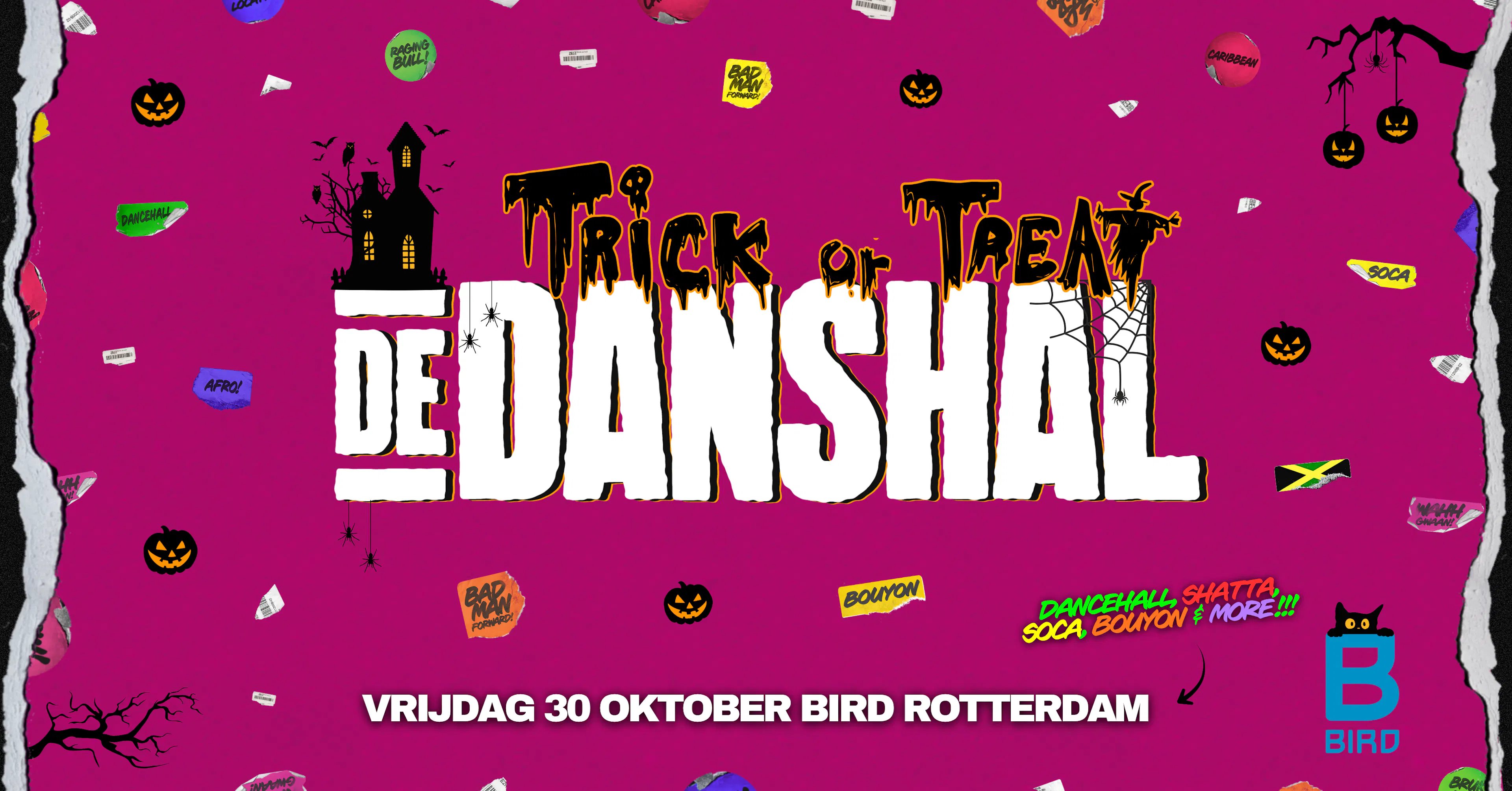 Graphic De Danshal banner met logo, Trick or Treat design en de tekst vrijdag 30 oktober BIRD Rotterdam