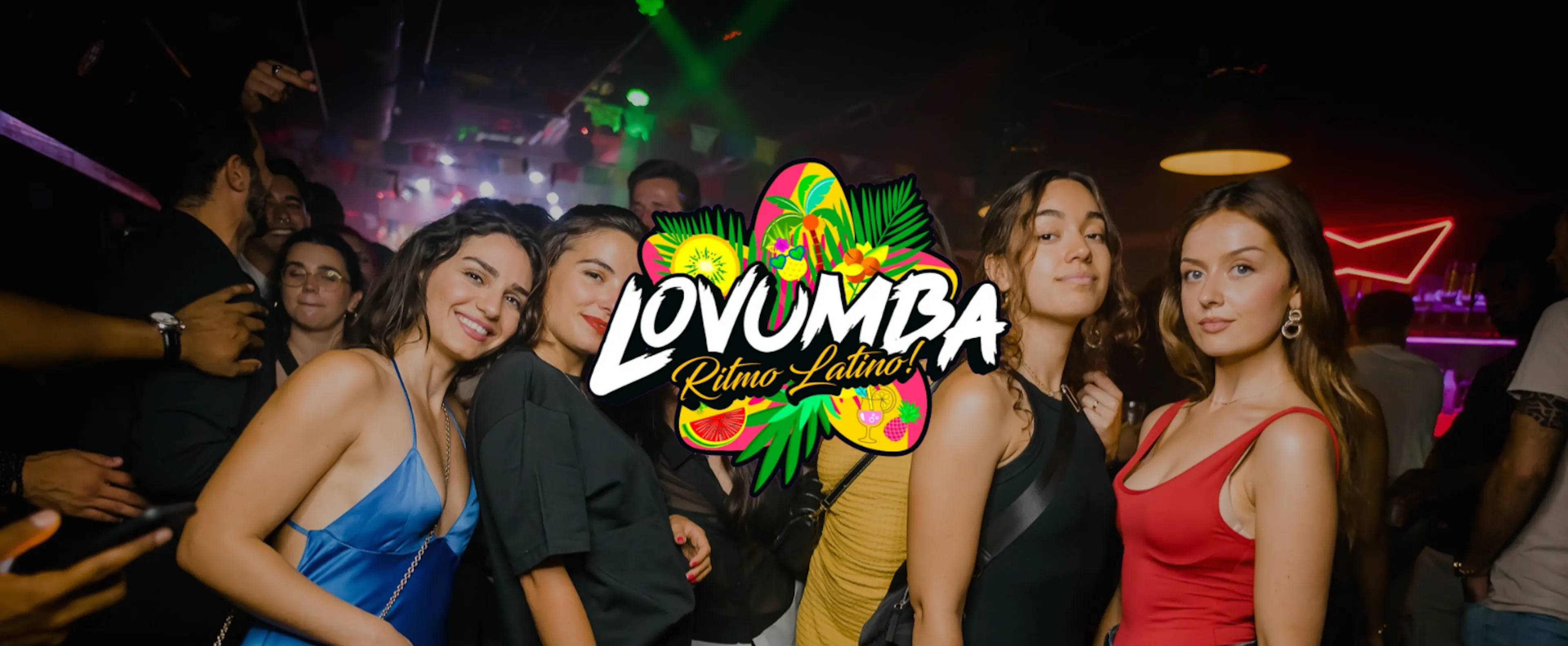 Evenementenbanner met het tropische logo "Lovumba Ritmo Latino!" over een foto van feestgangers in BIRD.
