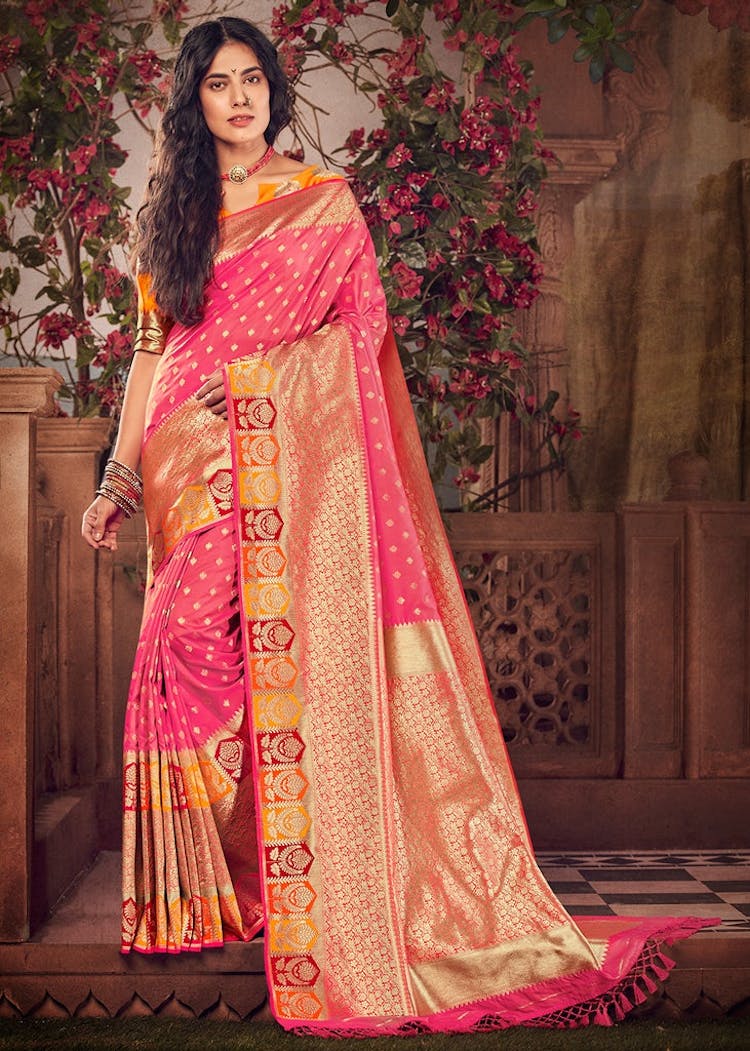pink and gold banarasi saree for bride