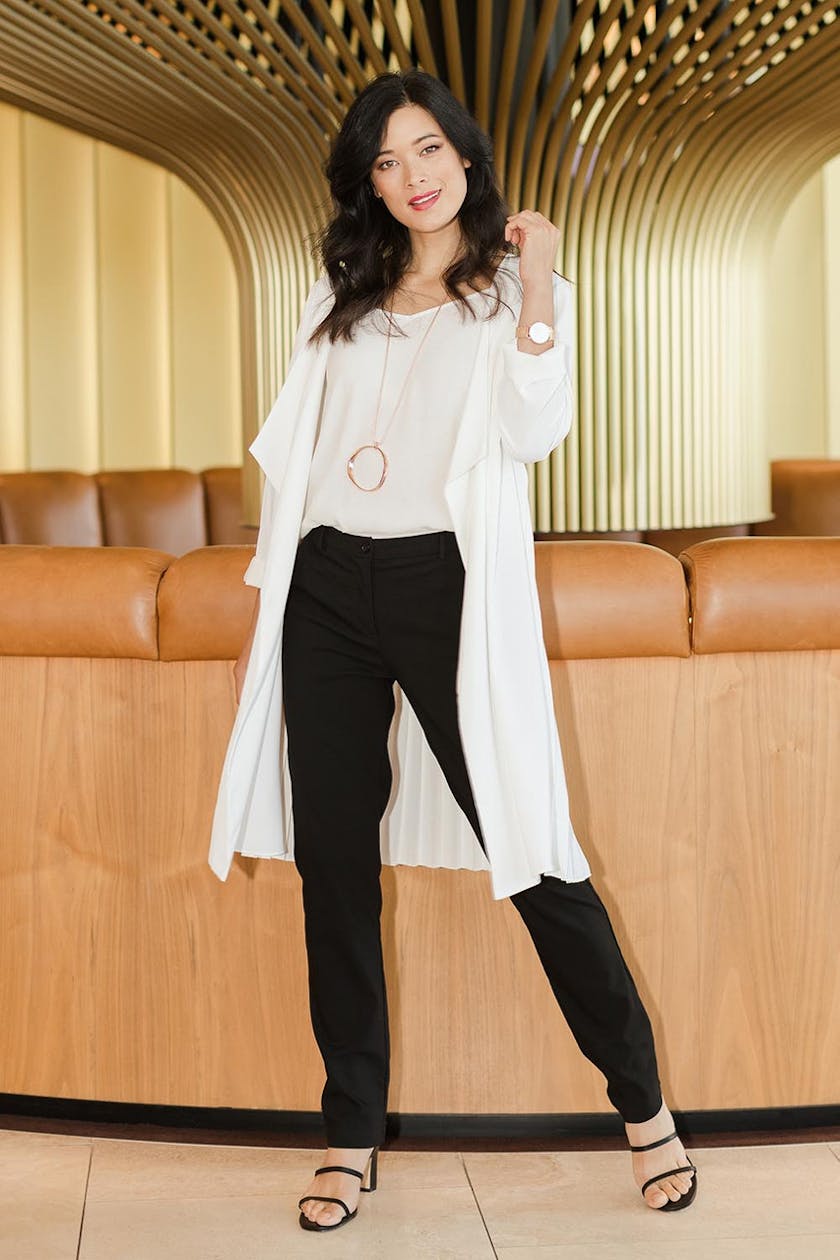Check styling ideas for「Volume Long Sleeve Blouse、Corduroy Tapered Ankle  Pants」