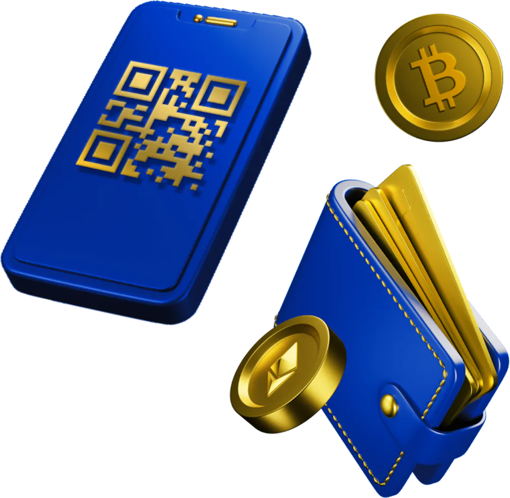 Crypto wallets and bitcoins 3d illustration.