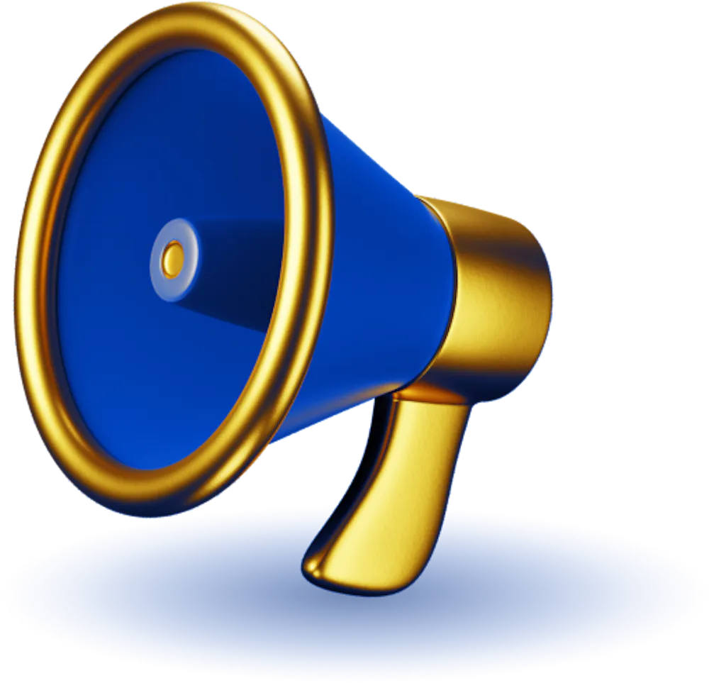 Icon of a blue megaphone with gold trim.