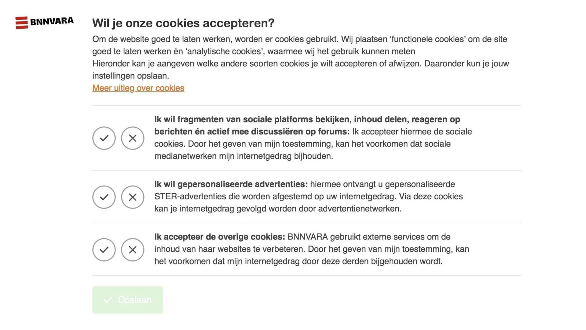 A cookie banner from the Dutch Public Broadcasting System (NPO).