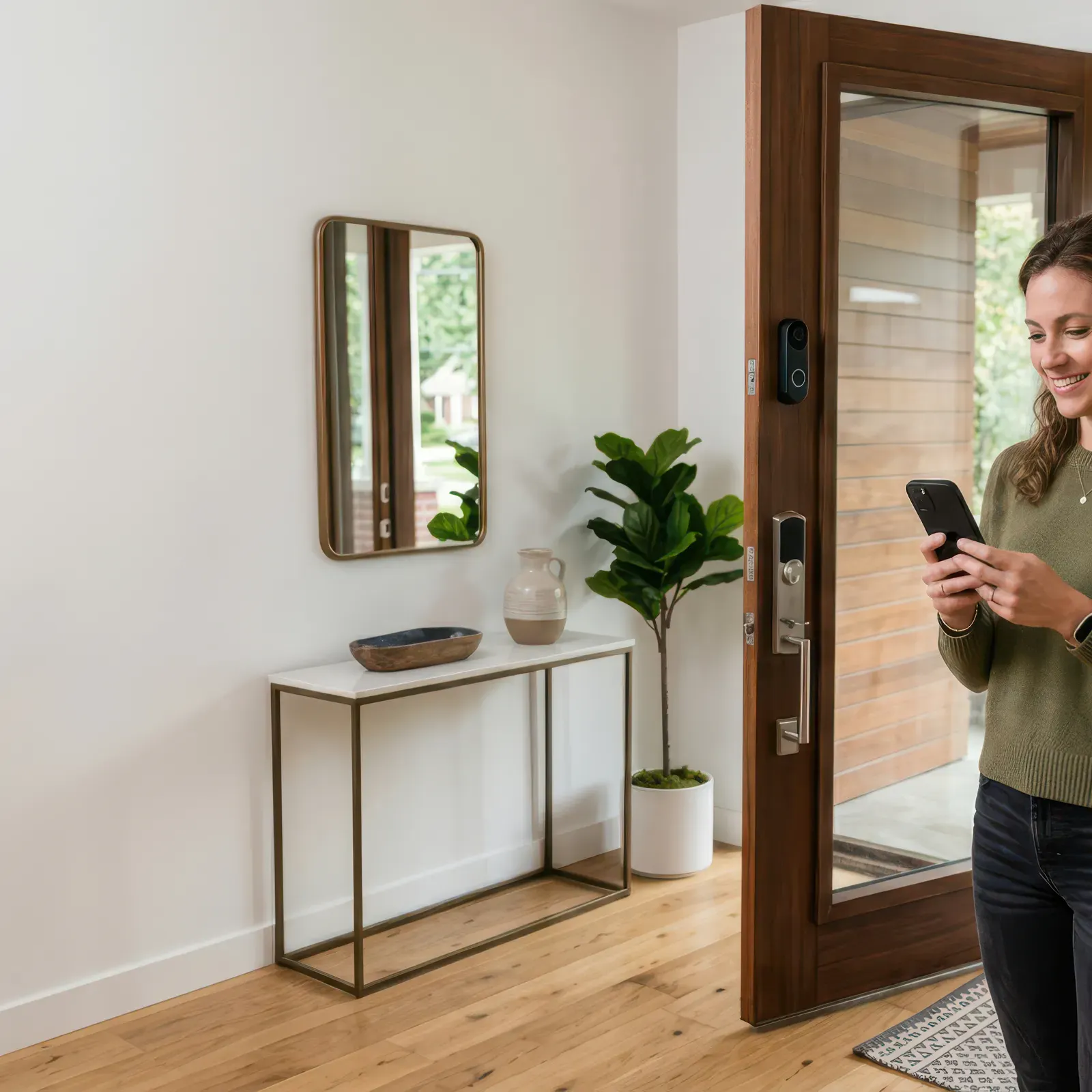 Hyresgäst öppnar dörren med koden i mobilen