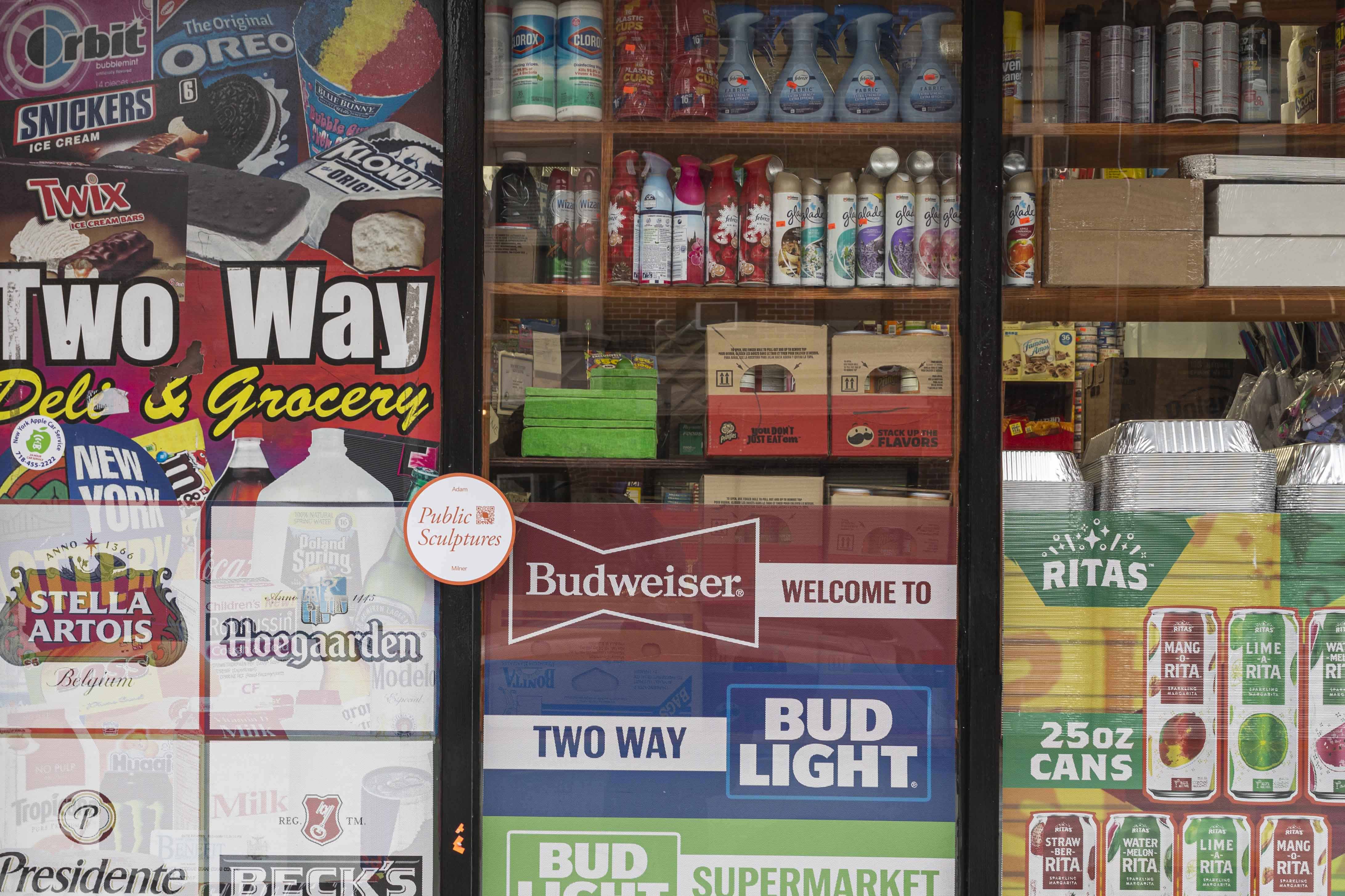 Image caption: Adam Milner, "Lime Green Apple Museum Display", 2021, found nail, plastic shards, and gum paste bow, hand-dyed velvet, birch, oil paint, found Styrofoam and polystyrene, brass wire and soldering. Exhibited at Two Ways Supermarket, Brooklyn, NY.