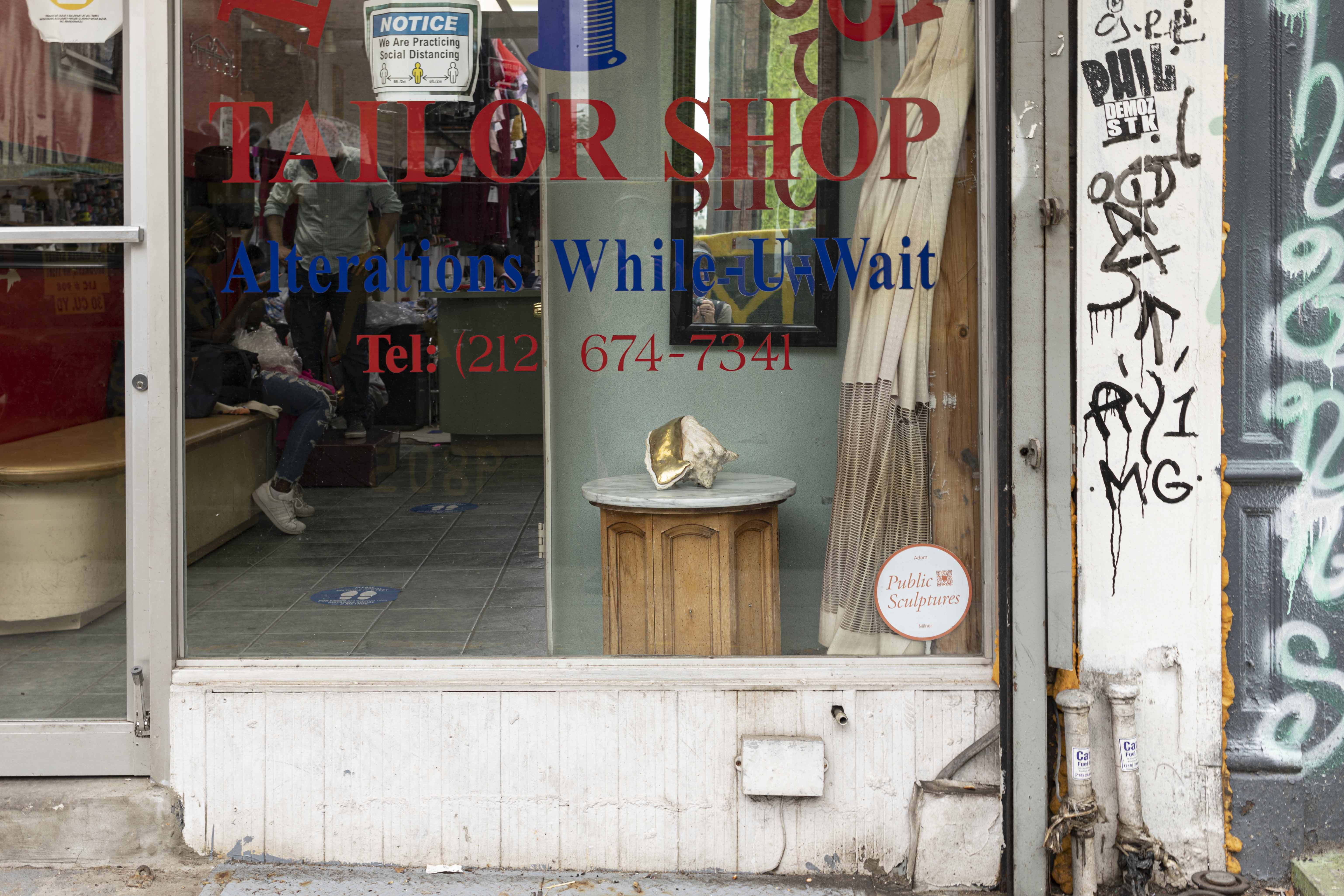 Image caption: Adam Milner, "Untitled", 2019, cast and polished bronze, conch shell. Exhibited at New Express Tailor Shop, Manhattan, NY.