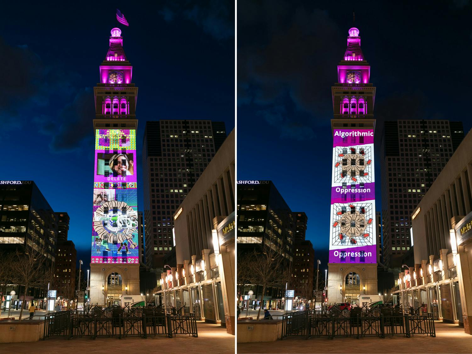 Michael Menchaca, A Cage Without Borders, 2021, site-specific projection. Daniels & Fisher Tower, Denver, CO. Photo by Wes Magyar.