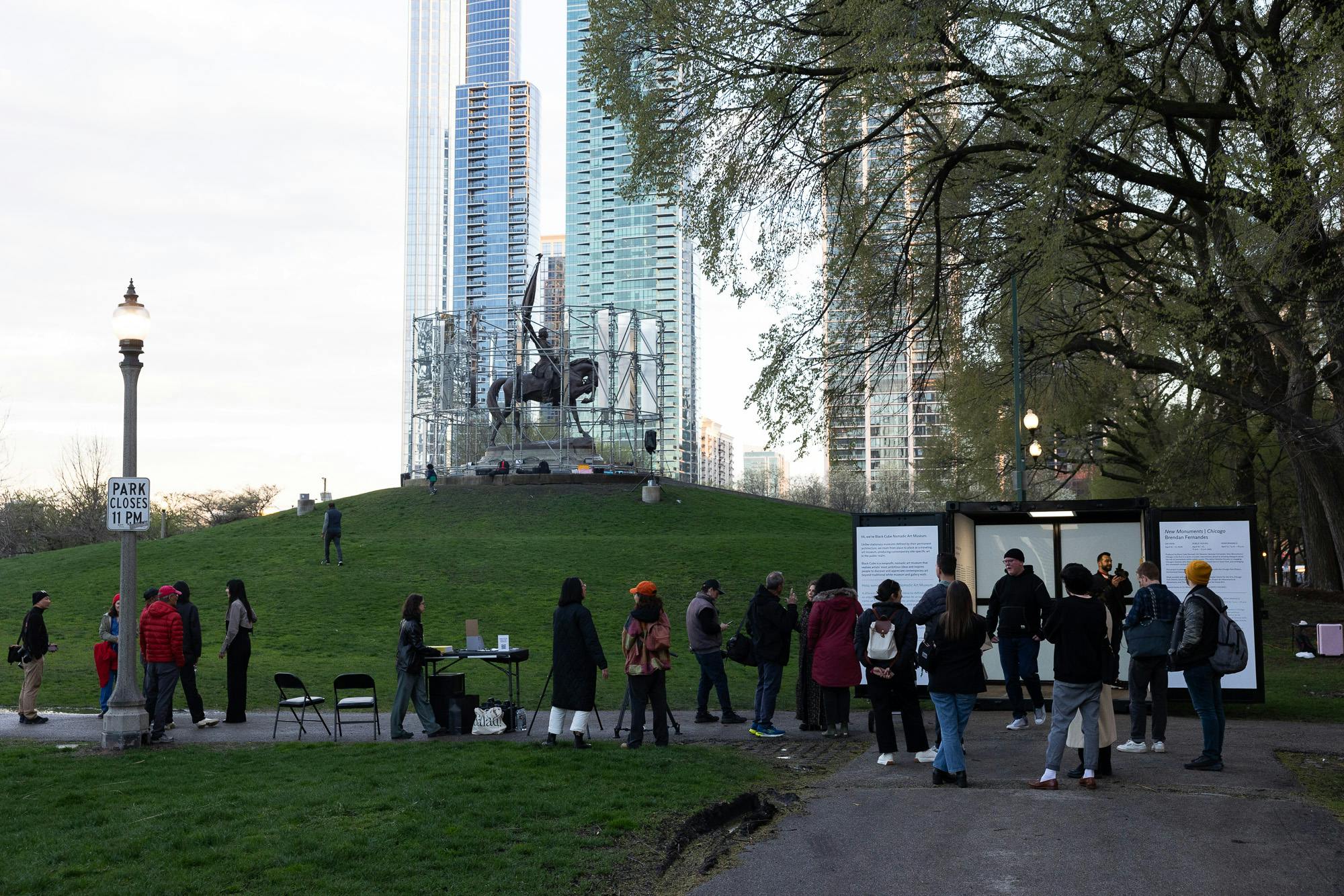 Brendan Fernandes, "New Monuments | Chicago," 2024. General John Alexander Logan Monument, Grant Park, Chicago, IL. Presented by Black Cube Nomadic Art Museum in association with the Chicago Park District, as part of EXPO CHICAGO’s IN/SITU Outside program. Architectural Intervention by AIM Architecture. Courtesy the artist and Black Cube Nomadic Art Museum. Photo: Matthew Reeves Photography.