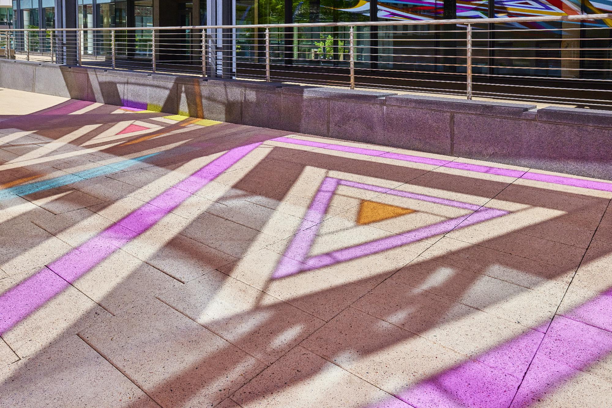 Rachel Hayes, Horizon Drift, 2024. Plaza of the Americas, Denver, Colorado. Site-specific installation composed of various industrial textiles, vinyl, and thread. Presented by the Biennial of the Americas with artistic direction by Black Cube Nomadic Art Museum. Courtesy the artist and Black Cube. Photo: Third Dune Productions. 