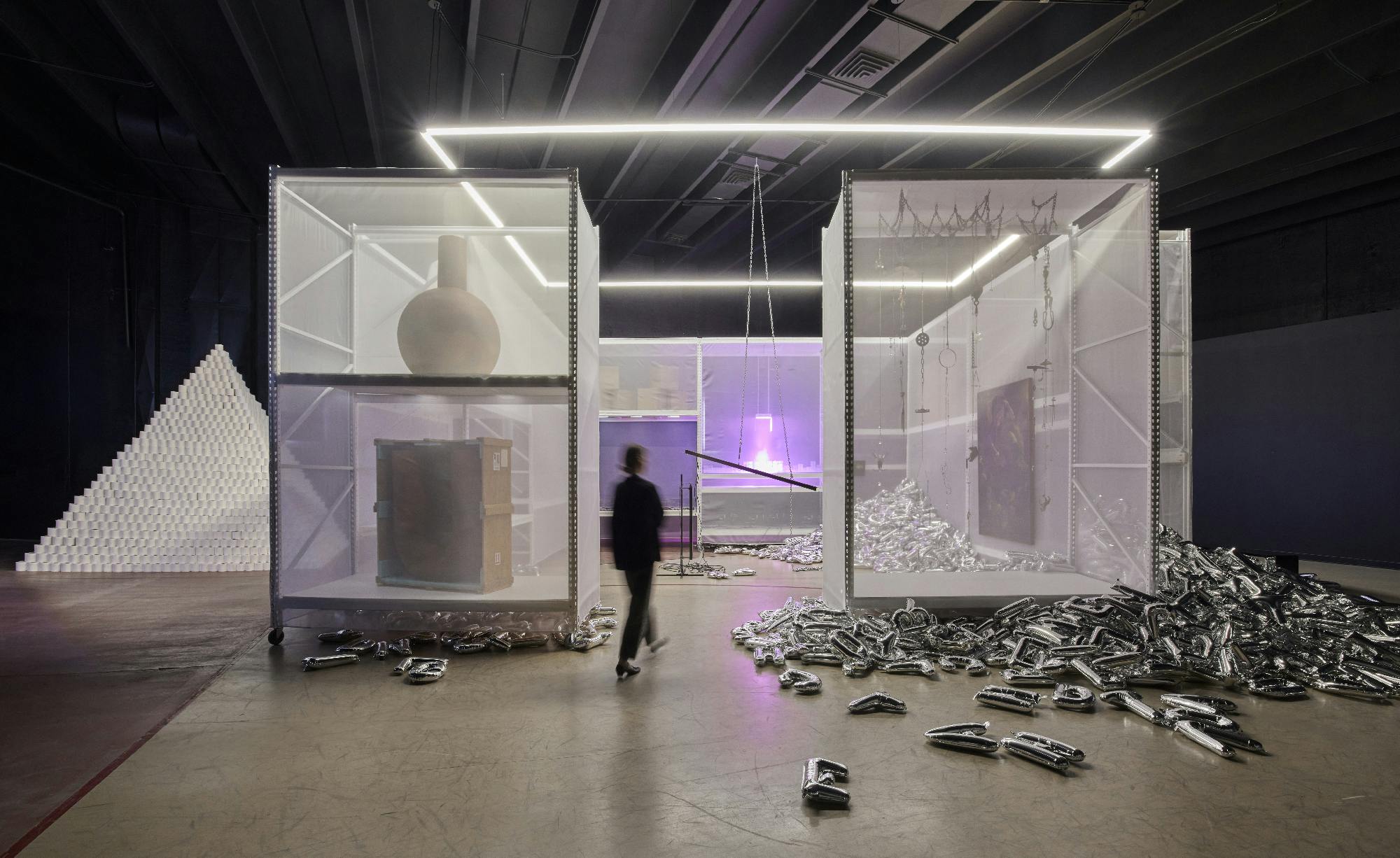 What We Hold On To (exhibition view, featuring works by Martin Creed, SANGREE, Amber Cobb, and Marek Wolfryd), 2025. Black Cube Headquarters, Englewood, Colorado. Courtesy of Black Cube Nomadic Art Museum. Photo: Third Dune Productions.