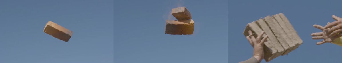 Bricks being tossed in the air between workers (film stills).
