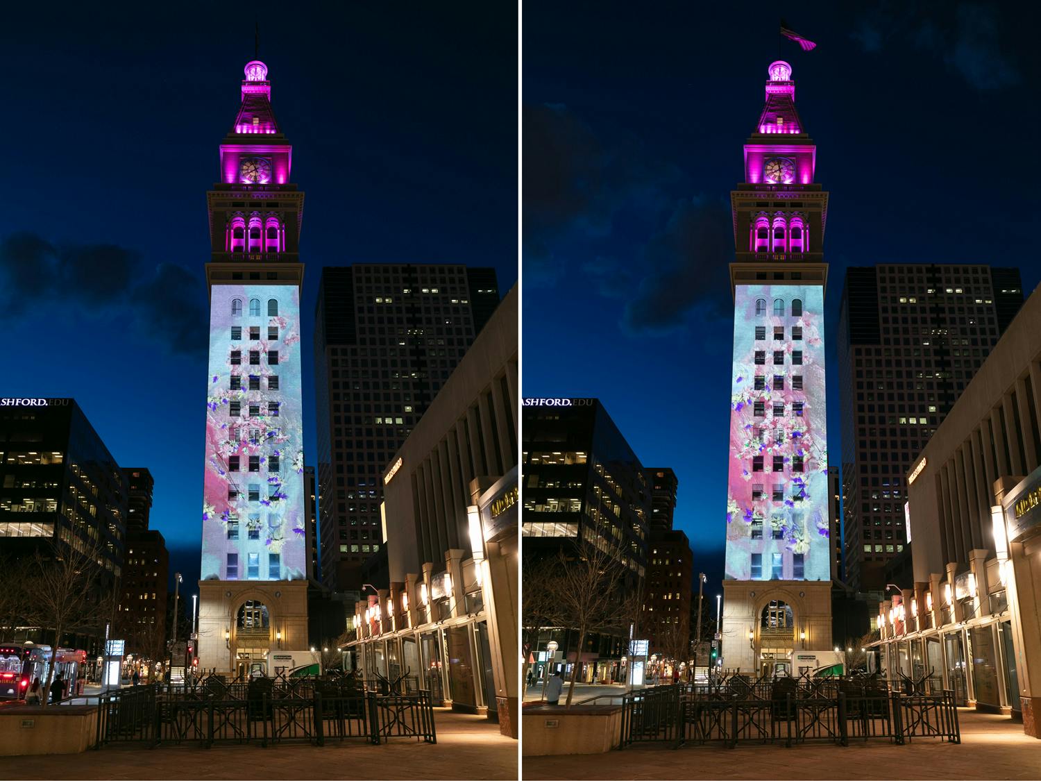 Sabrina Ratté, Radiances IV, 2021, site-specific projection. Daniels & Fisher Tower, Denver, CO. Photo by Wes Magyar.