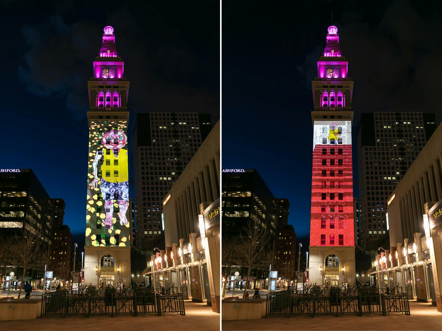 Stephan Herrera, Digby’s Daydream [Thursday Afternoon], 2021, site-specific projection. Daniels & Fisher Tower, Denver, CO. Photo by Wes Magyar. 