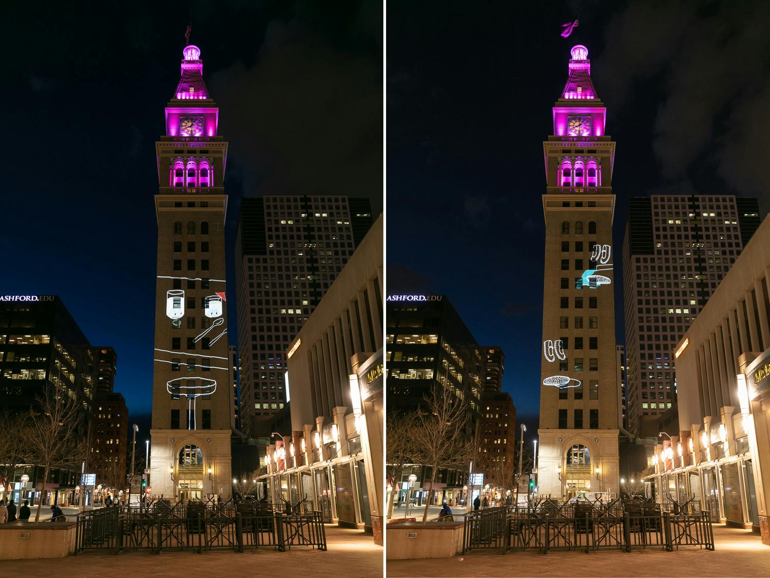 Esther Hz, History Repeating, 2021, site-specific projection. Daniels & Fisher Tower, Denver, CO. Photo by Wes Magyar.