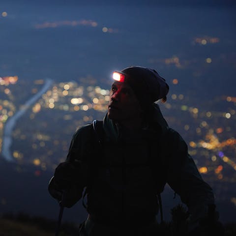 Remco with headlamp on hiking
