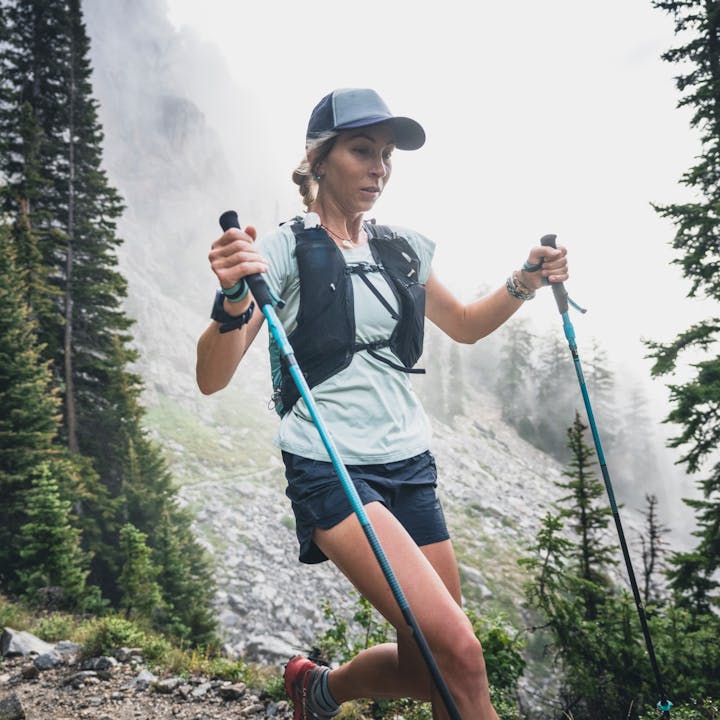 BD athlete Kelly Halpin works her way down a trail in Grand Teton National Park with Black Diamond Distance running poles. 