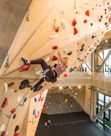 A gym climber wearing the Momentum Climbing Shoe - Women's.
