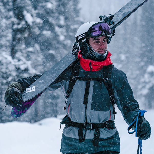Isaac Freeland walking through the snow