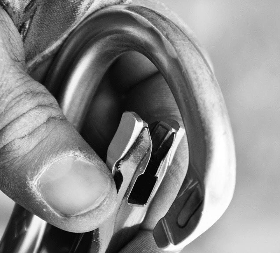 close-up to show an autolocking carabiner gate