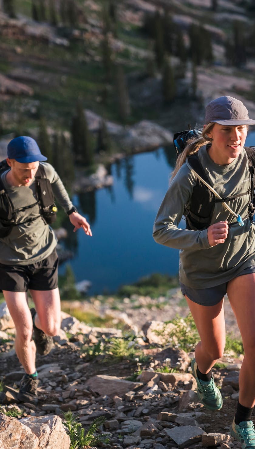 BD Athlete Mary Mcintyre running up a trail in Solution Wool.