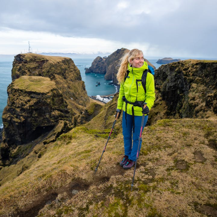 A local Icelander out for a hike wearing the Black Diamond Stormline Stretch Rain shell.