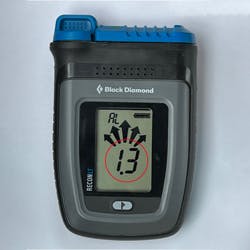 A Black Diamond Recon LT Beacon briefly flashing the current 1.3 version of firmware when powered on. 