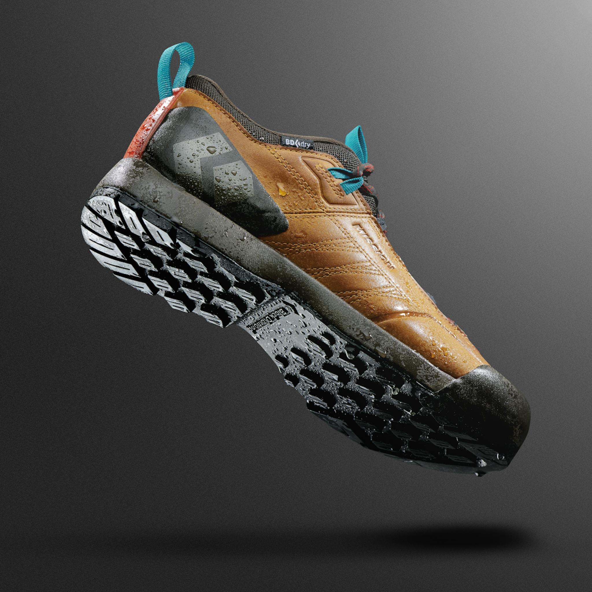 A glam shot of a water covered Mission Leather Approach Shoe.