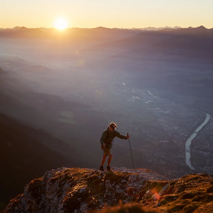 Sunrise over Innvalley in the Background as Remco hikes up to Brandjochspitz Summit