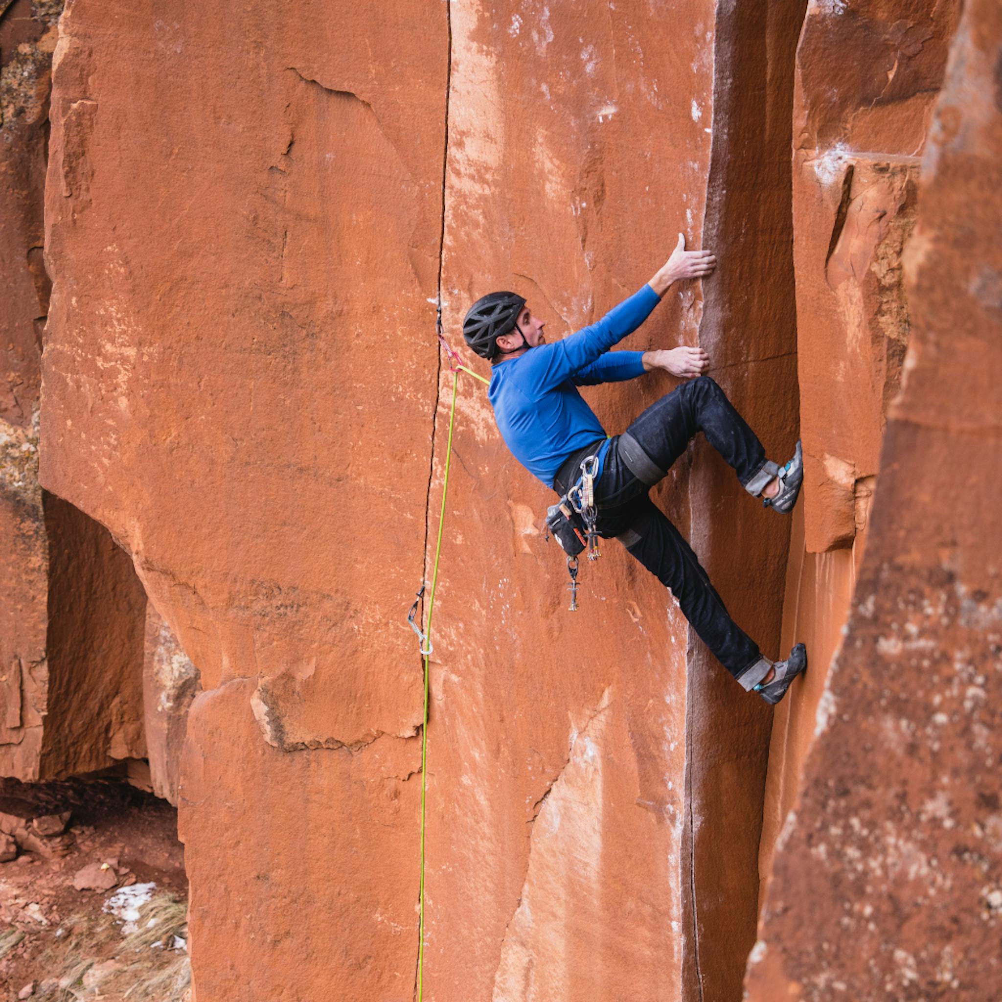 Black Diamond athlete Carlo Traversi climbing in the Forged Denim Pants.