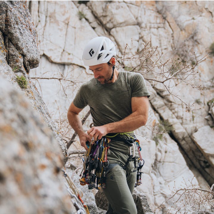 BD employee, Andy Anderson racks up for a classic climb in Little Cottonwood Canyon, UT.