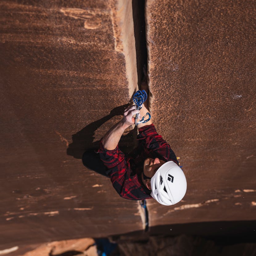 Black Diamond athlete Connor Herson climbing in Indian Creek.