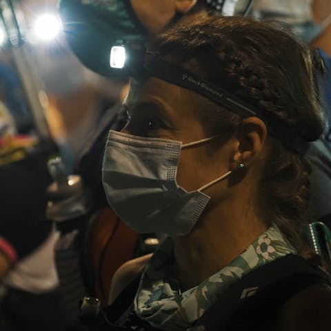 Black Diamond athlete Hillary Gerardi getting ready to start the 90k du Mont Blanc