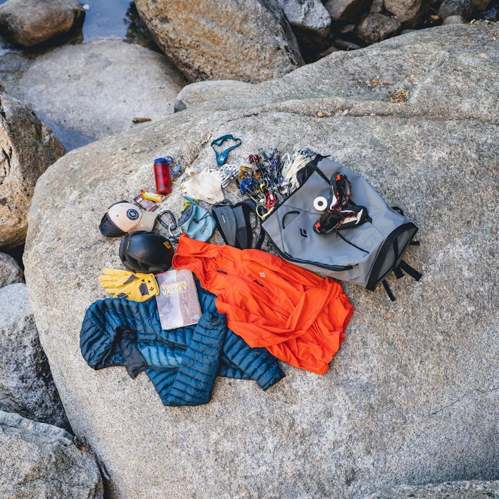 Climbing equipment placed on a rock