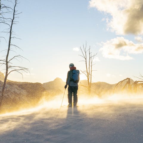 Black Diamond athlete Isaac Freeland scoping out freeride lines in the backcountry.