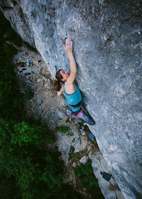 Photo of Babsi Zangerl rock climbing.