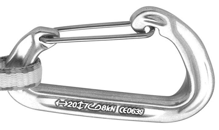 close-up of carabiner to show its strength markings.