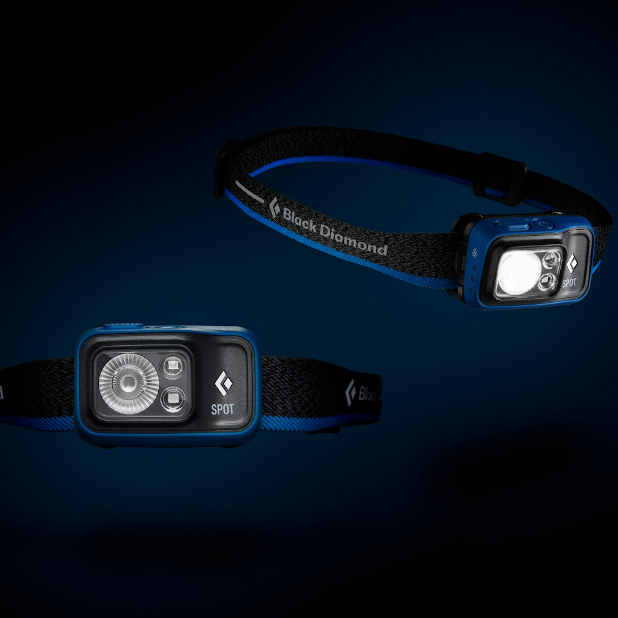 A picture of two blue Spot 400 Headlamps.