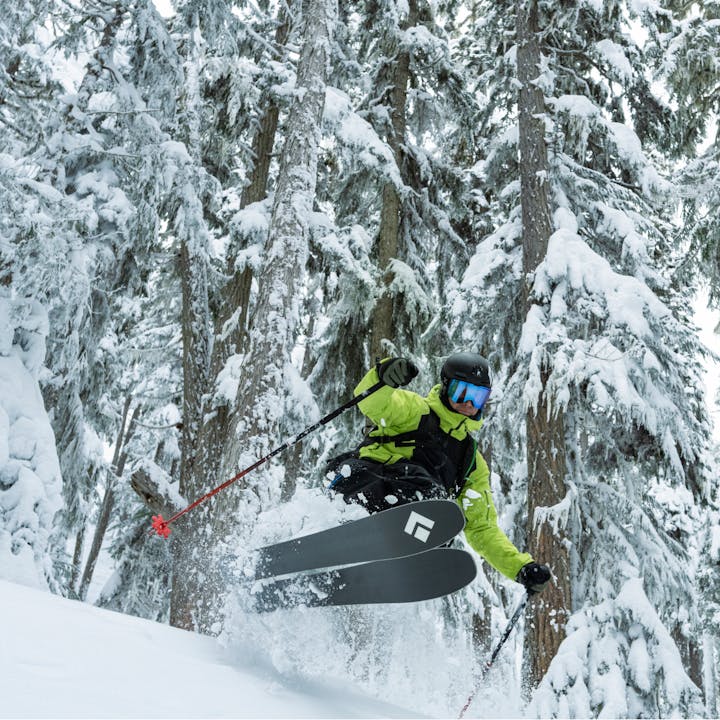 Black Diamond athlete Tobin Seagel skis powder in the British Columbia backcountry. 