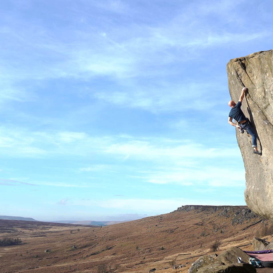 Chris bouldering on gritstone