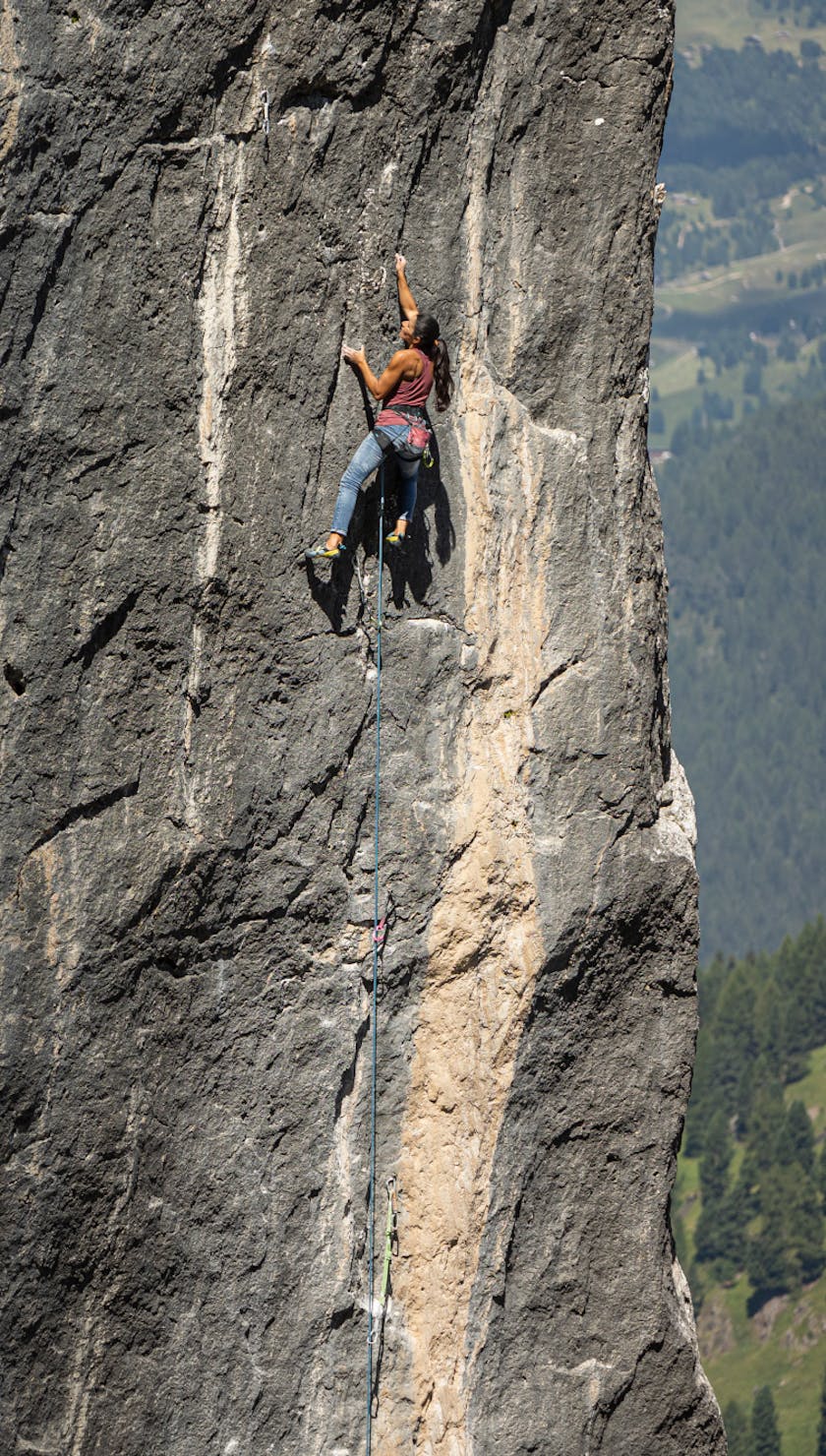 Black Diamond Athlete Daila Ojeda climbing in the Dolomites. 