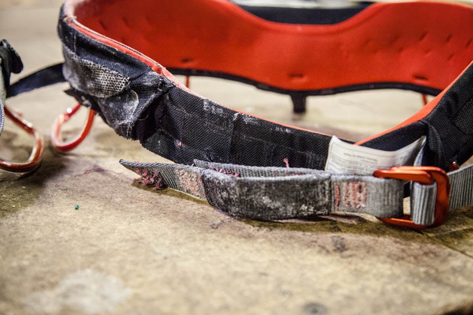 close up photo on the deterioration of the harness after testing.