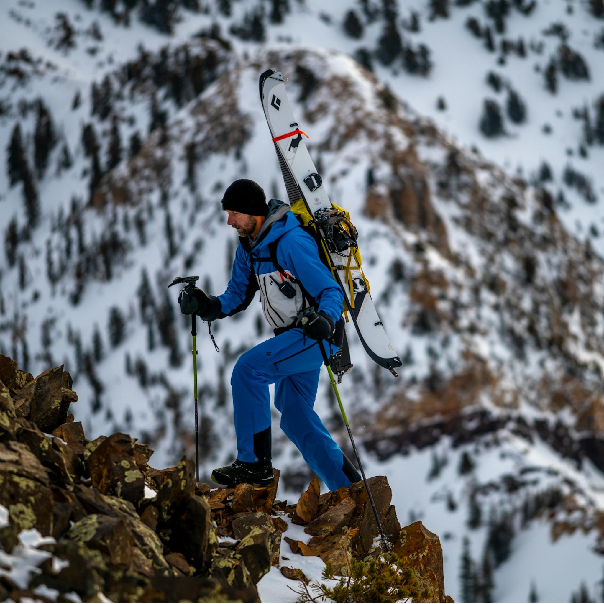 A Splitboarder makes his way up a ridgeline.