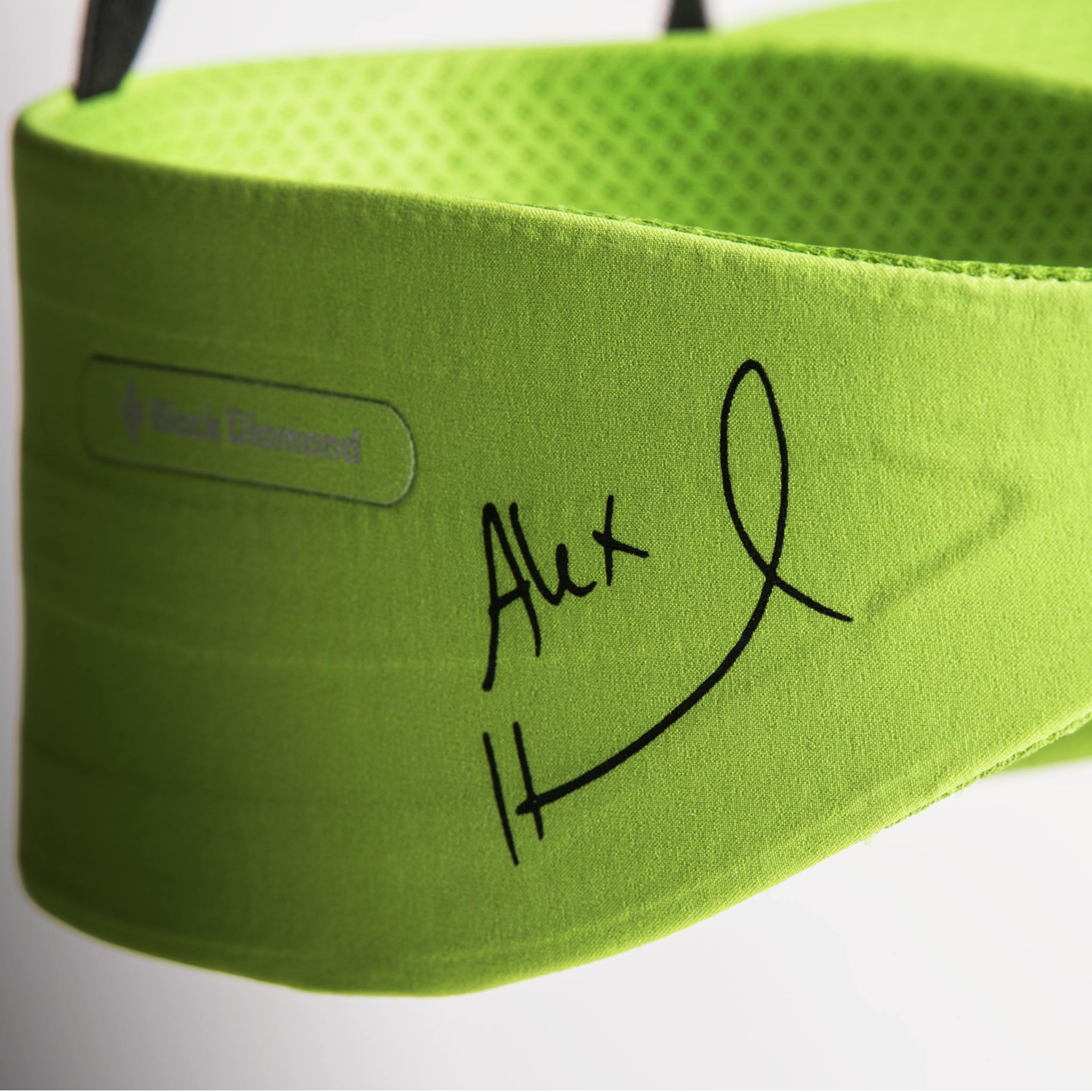 A close up of the signed leg loop of the Alex Honnold Edition Solution Harness.