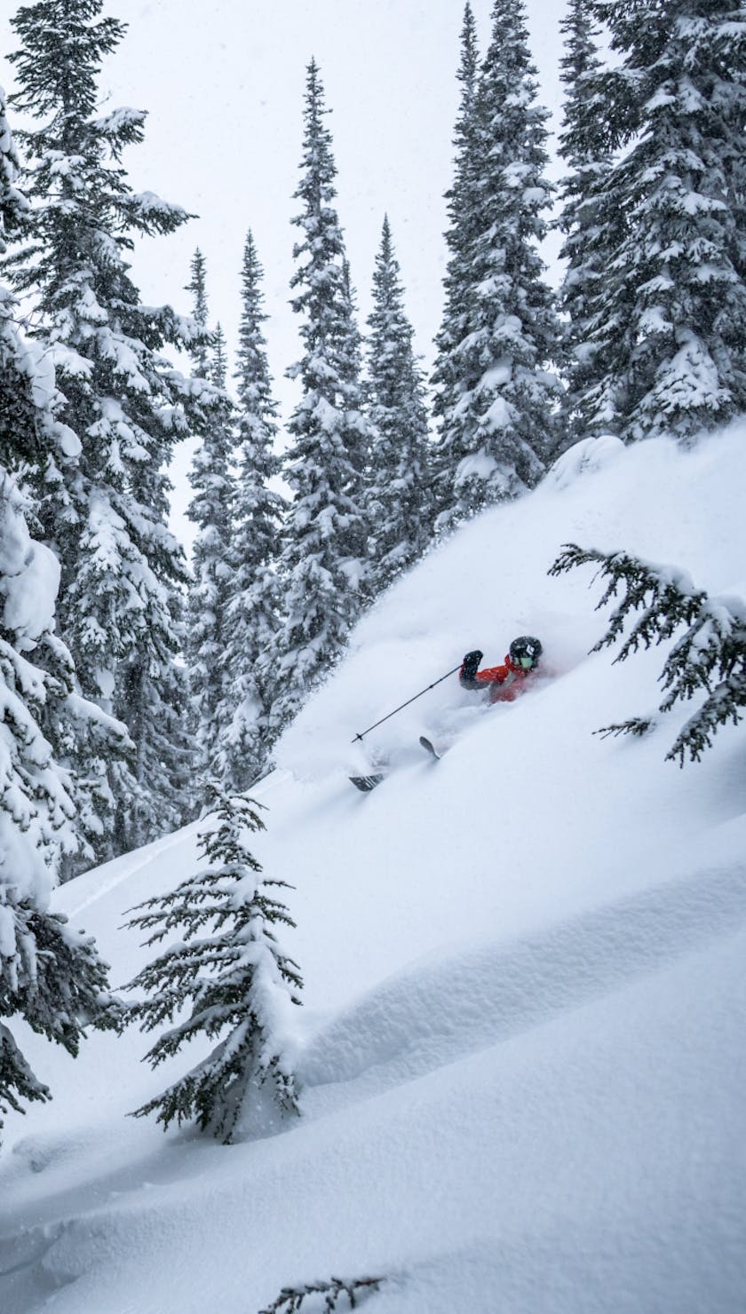 Black Diamond athlete Tobin Seagel makes a powder turn in British Columbia, Canada.