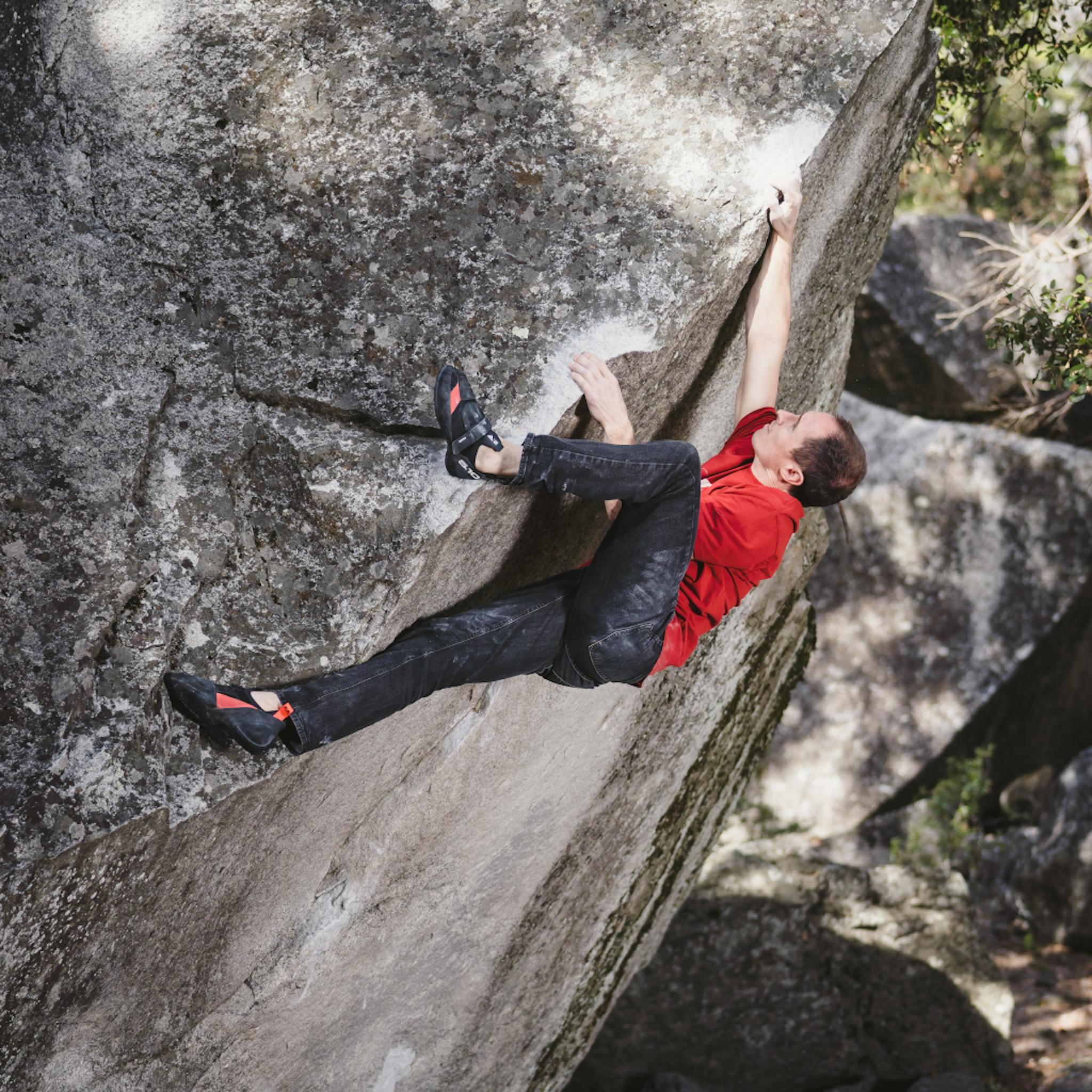 Black Diamond athlete Carlo Traversi climbing in the Forged Denim Pants.