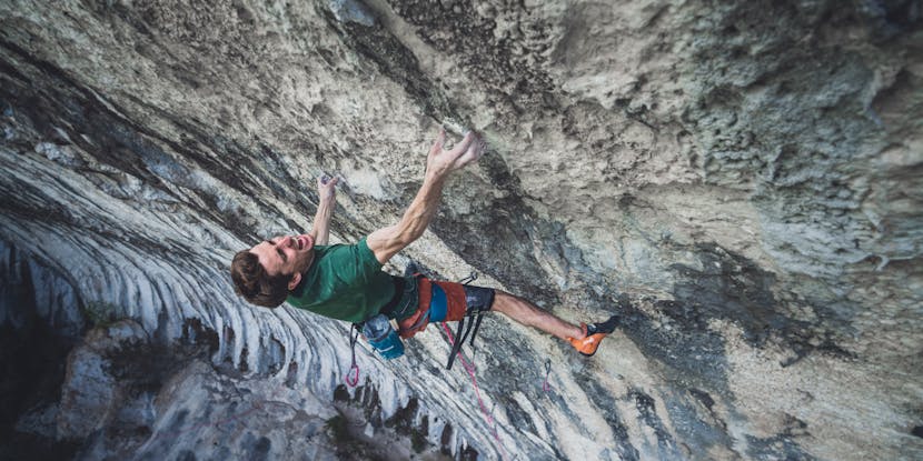 BD athlete Seb Bouin attempts his climbing project, DNA in the Verdon Gorge, France.