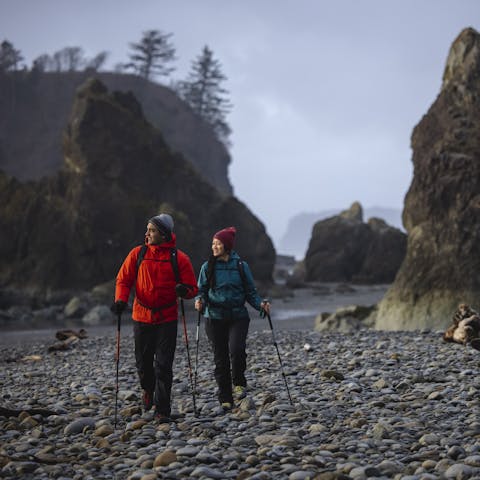 Hikers out on on the coast of Washington. 